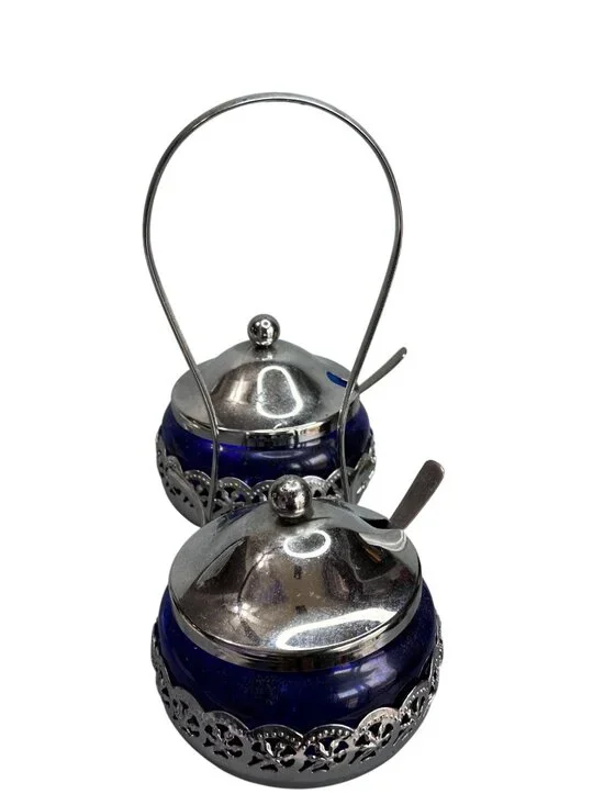 Mayell England Cobalt Blue Glass Double Condiment Jam Jar Set Silverplate 9 1/2" - Picture 6 of 7